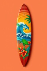 Surfboard with Tropical Beach Scene Featuring Dolphin and Sea Turtle