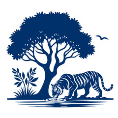 Fototapeta premium Majestic Tiger Silhouette in a Serene Blue Forest Setting