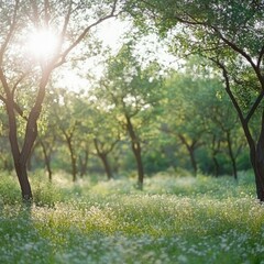 Serene Meadow Landscape with Sunlight Shining Through Trees in Lush Green Field in Springtime