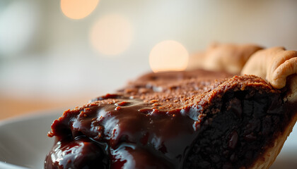 Rich, gooey chocolate pie with a molten filling oozing out, captured in stunning detail with a soft, dreamy blur in the background 2