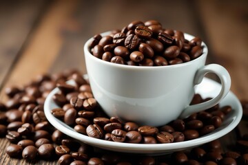 Fototapeta premium White porcelain cup overflowing with dark roasted coffee beans , espresso, studio