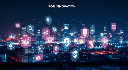 Innovation in a connected city: digital icons overlay a night cityscape, symbolizing technology, progress, and futuristic development.