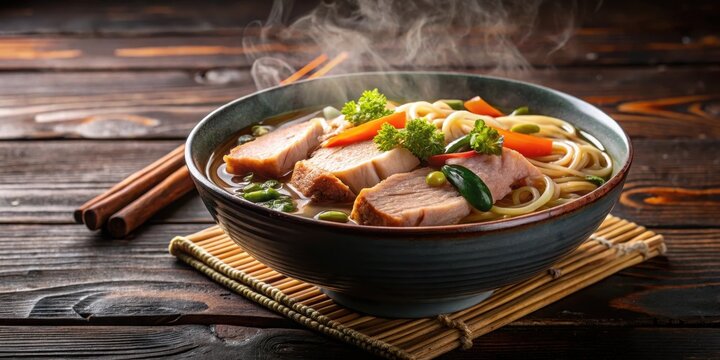 Steaming bowl of Asian nood soup with slices of pork and boiled vegetables in a rich savory broth on a dark wooden background , asian cuisine, dark background