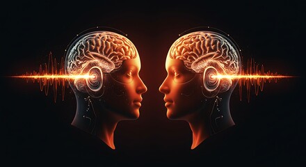 hyper realistic digital art, cyberpunk split head profile with brain hemispheres and binaural waves in soft colors, subject at top, brilliant amber tones, copy space at bottom