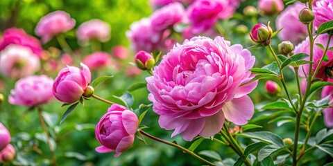 Delicate pink peony petals unfolding from a thorny rose bush in a lush botanical garden amidst green foliage and vibrant flowers , climbing rose, pink peony