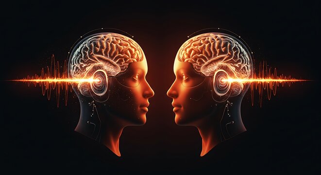 hyper realistic digital art, cyberpunk split head profile with brain hemispheres and binaural waves in soft colors, subject at top, brilliant amber tones, copy space at bottom