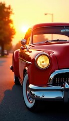 Classic car, vibrant sunburst, red orange hues, road, background, power