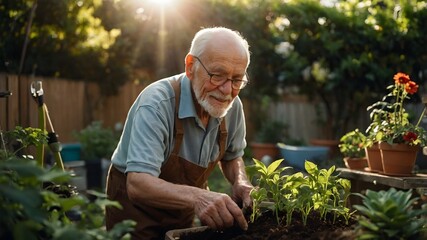 Fototapeta premium Serene Gardening: Capturing the joy of tending to a garden. An elderly individual, enveloped by the soft embrace of the sun, nurtures seedlings with gentle care and a profound connection to nature.
