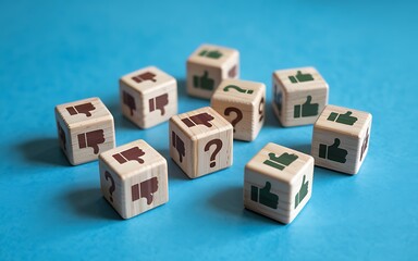 Navigating Uncertainty Decision-Making, Risk Assessment, and the Power of Choice Represented Through Wooden Cubes with Thumbs Up, Thumbs Down, and Question Mark Symbols