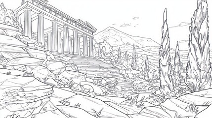 Ancient Greek Temple Landscape Sketch
