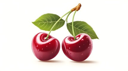 Two luscious cherries with vibrant leaves against a pure white background.