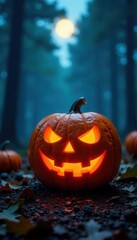 Fototapeta premium Close-up of carved pumpkin, spooky forest backdrop Night scene , autumn, glow, graphic