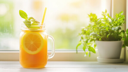 Refreshing orange juice with lemon slices and mint in glass jar, perfect for health boost and detox cleanse, placed by sunny window