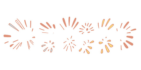Hand drawn cartoon burst explosion rays set with colorful confetti elements and simple doodle style for surprise and celebration design concept