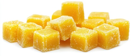 Heap of Candied Ginger Cubes on White Background Close Up Studio Shot Sweet Treat Food Photography