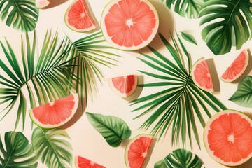 Obraz premium Vibrant composition of pink grapefruit slices and tropical leaves on a light background