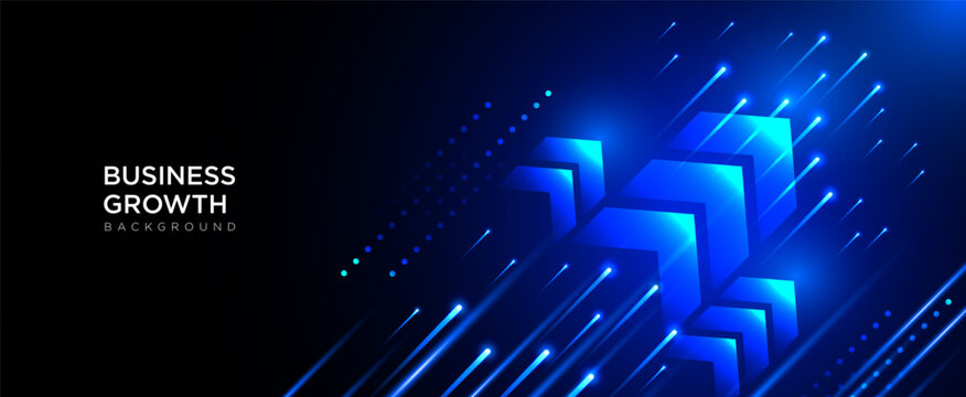 Business growth arrow on dark blue technology background, futuristic
