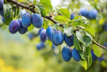 Ripe Blue Plums Hang from Tree Branch Surrounded by Lush Green Leaves in a Picturesque Orchard Setting Under Soft Natural Light