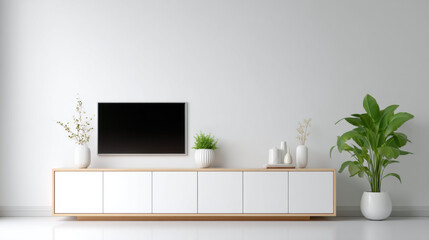 Modern TV cabinet white storage unit minimalist living room indoor plant decorative vase clean design bright space contemporary style peaceful atmosphere home interior