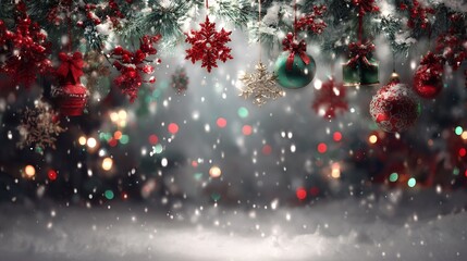 Festive Christmas background with snowflakes red and green decorations and glowing holiday lights creating a joyful scene overlay cut out on isolated transparent removed background