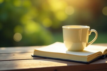 Creamy mug, open notebooks, wooden surface Quiet morning, writing space , home, rustic, wood