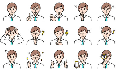 表情とポーズで感情を表すビジネススーツを着用した男性のイラストセット