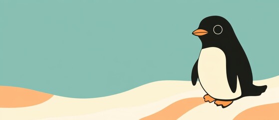 Fototapeta premium Cute Penguin Standing on Beach with Blue Sky Background Cartoon Illustration Graphic Art Style