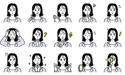 表情とポーズで感情を表すビジネススーツを着用した女性のイラストセット