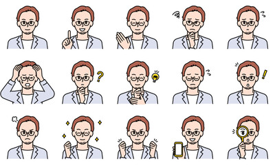 表情とポーズで感情を表すビジネスカジュアルな男性のイラストセット