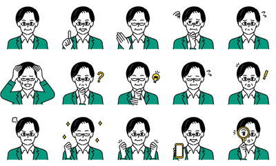 表情とポーズで感情を表すビジネスカジュアルな男性のイラストセット