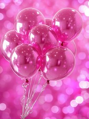 Pink balloons floating against a bokeh background for celebration and party decoration in a vertical close up shot