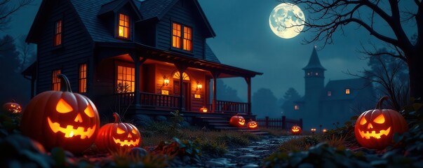 Eerie Halloween scene Glowing pumpkins illuminate a spooky house fa?ade , carved, spooky house