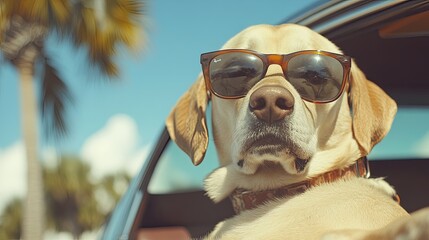 Cool Dog In Car With Sunglasses. Summer Vibes.