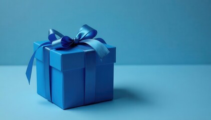 Obraz premium Elegant blue gift box, ribbon tied, holiday celebration , backdrop, celebration, gift wrapping