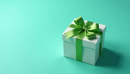 Obraz premium Elegant gift box, craft paper, green ribbon, turquoise background , detail, gift, texture