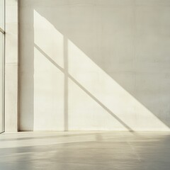 Obraz premium Sunlight streams through a window, casting a diagonal shadow on a minimalist off-white wall and polished concrete floor