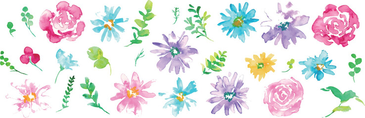 水彩画。水彩タッチのカラフルな春の花びらフレーム。色鮮やかな花のベクターイラスト。Watercolor. Colorful spring petals frame with watercolor touch. Vector illustration of colorful flowers.