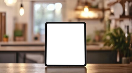 Blank tablet screen on kitchen counter