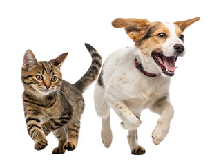 Obraz premium cat and a dog running and playing together friend isolated on white background, PNG