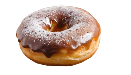 A glossy, round donut coated in a rich, smooth caramel glaze, perfectly centered against a stark white background, tempting with its sweet indulgence.