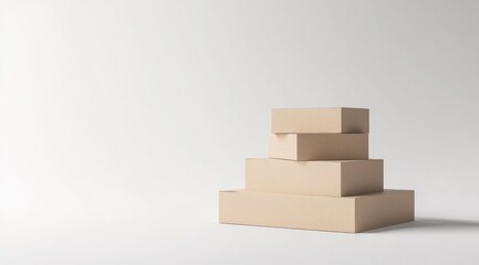Fototapeta premium Stacked light beige boxes on a white background. Minimalist product display
