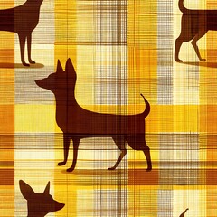 A cute brown cartoon vector illustration depicts a cat silhouette on a roof The image shows animals against a grid patterned background. Seamless pattern 