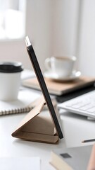 Modern Tablet on Minimalist Desk with Coffee and Office Supplies