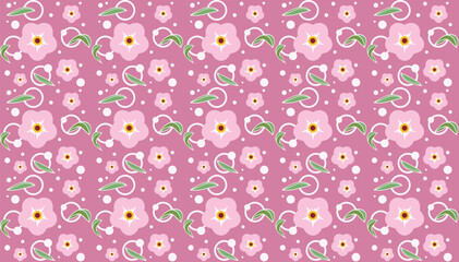 Abstract drawing of pink flower with leaf and circle on pink background.