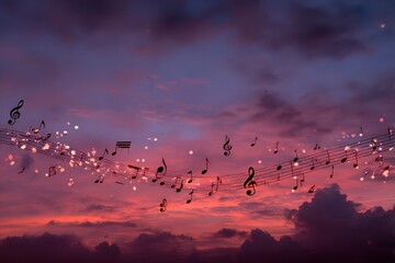 Obraz premium Musical symbols in beautiful sunset sky with clouds