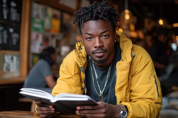Young African American man in a cozy cafe, wearing a yellow jacket, reading a book while seated at a wooden table, surrounded by warm ambient lighting and fellow patrons