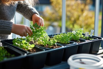 Young child tending to small herb garden in black containers, carefully nurturing plants with green leaves, showcasing the joy of gardening and connection to nature