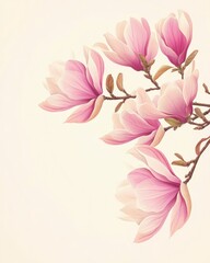Naklejka premium Blooming pink magnolia flowers on branches against soft background floral botanical illustration