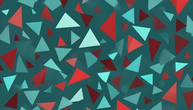 A dynamic abstract design showcases scattered teal, red, and white triangles on a dark background.