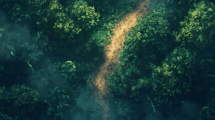 Obraz premium Overhead view of a trail of bread crumbs leading through a forest, food, journey, path, navigation, trail, walk, forest. [Obsidian Reverie] | Fogshard Maze | scattered trail. Illustration